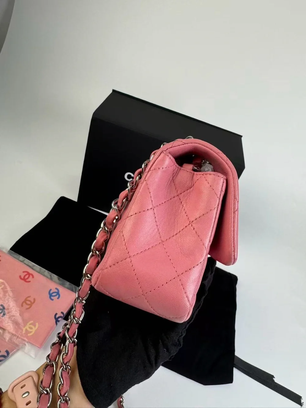 CHANEL Pink Quilted Lambskin Single Flap Shoulder Bag with Silver Chain